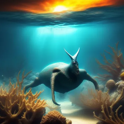 a picture of strange creature under the sea, realistic, sun over the sea, Underwater
