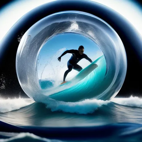 a painting of a surfer on waves inside a crystal ball, water, ocean, Encapsulated