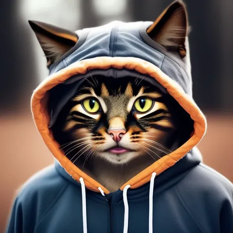 a teenager cat with a hoodie, photo portrait, Catstravaganza