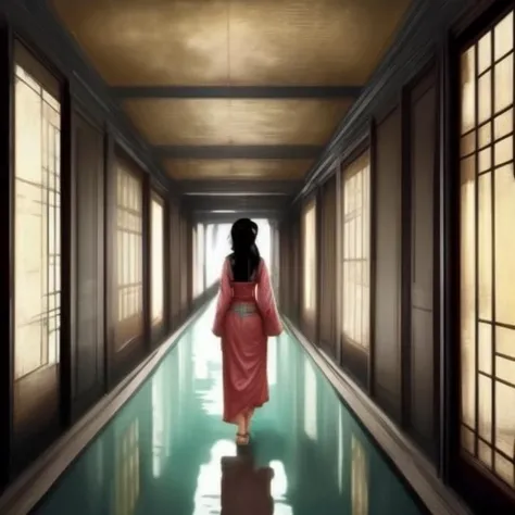 a painting of an asian woman walking in a corridor on water, Someone
