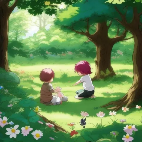 a anime art drawing of a forest with flowers, and children playing, Imaginary Friend