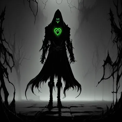 an ominous shadow, menacing, glowing eyes and heart, dark mist, Cosmic Horrors