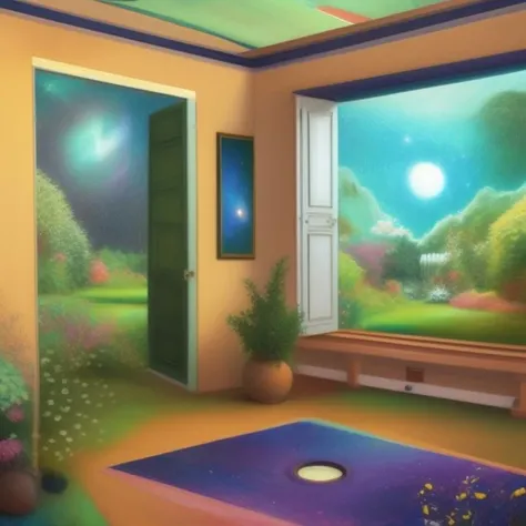 an abstract painting of a room with a garden and a galaxy, Abstract Realities