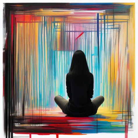asymmetrical painting, a woman sat in a room looking at a wall, colorful, Chaos And Order