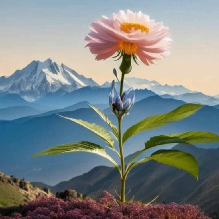 a giant flower with a mountain range in the background, Elemental Flowers