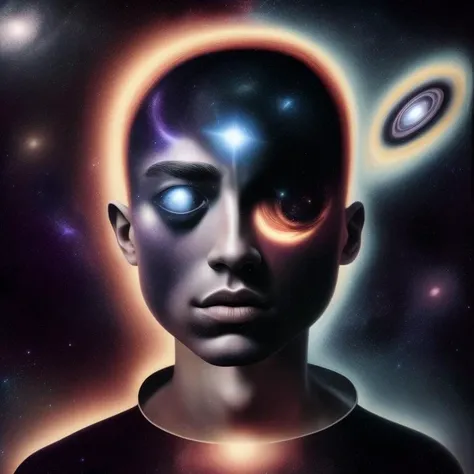 a surrealist portrait of a person made of galaxies, in space, Something