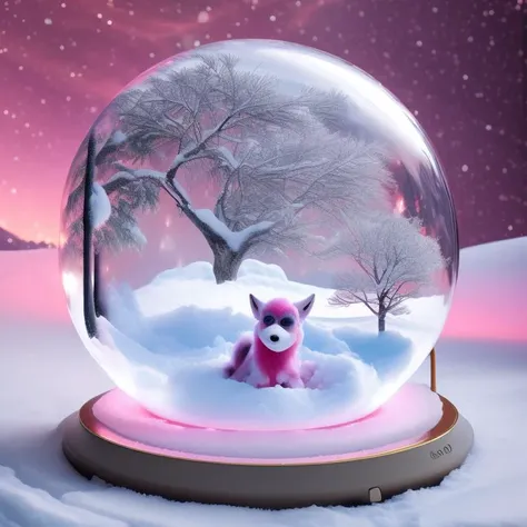 a picture of a snow glass ball with snow, a tree, and a pink wolfe, Encapsulated