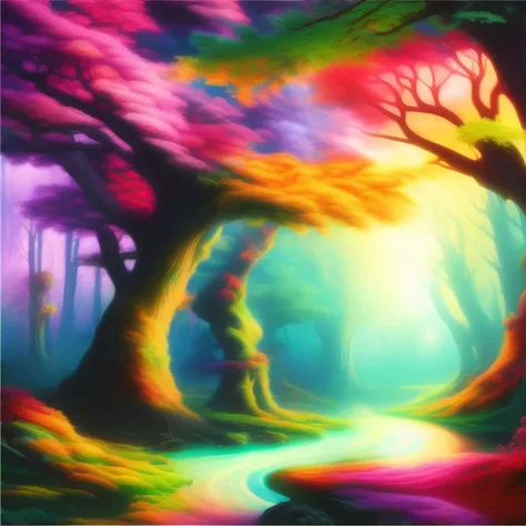 a vivid color forest, enchanting, colorful rendering, painting, Never Ending Loop
