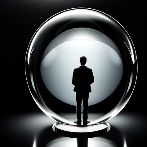 a picture of a man inside a glass bubble room, dark background, Encapsulated