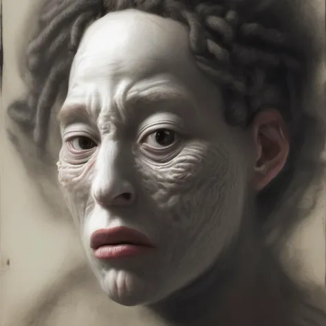 a drawing of a portrait, a face with disfigured defaults, horror, Something
