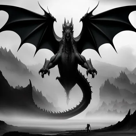 a dragon with giant wings, mist background, Cosmic Horrors