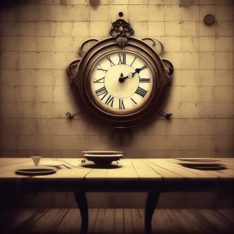 a clock on a wall, sad, time, shadows, table, Never Ending Loop