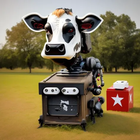 a realistic photo of a cow with a mask, and a strange robot box, in a field, Unmythical Creatures
