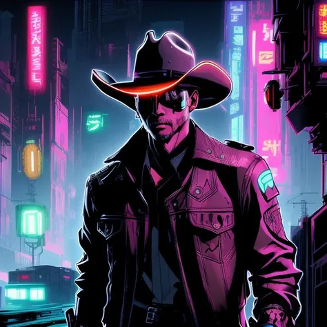 drawing of a cowboy in a cyberpunk city, hat, neon lights, anime line art, Futuristic Clothes