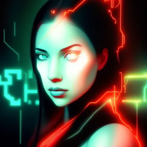 numeric artwork, photo of a woman in a digital world, red text, glowing background, Someone
