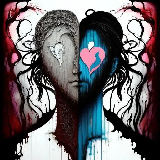 a conceptual drawing, half face half heart, paint dripping, masterpiece, Something