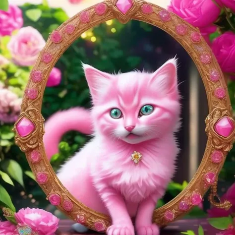 a pink kitten with jewelry and flowers in the background, round frame, Catstravaganza
