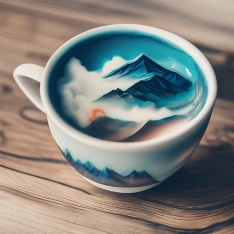 a cup filled with mountains fuming, masterpiece, Somewhere