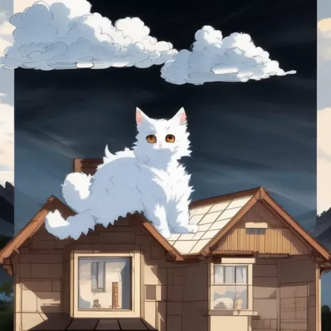 an artistic drawing, a cat on a house, a cat made of clouds, anime line art, Catstravaganza
