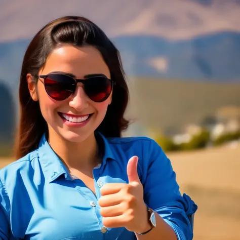 a half body picture of a turkish girl with thumbs up, mountains background