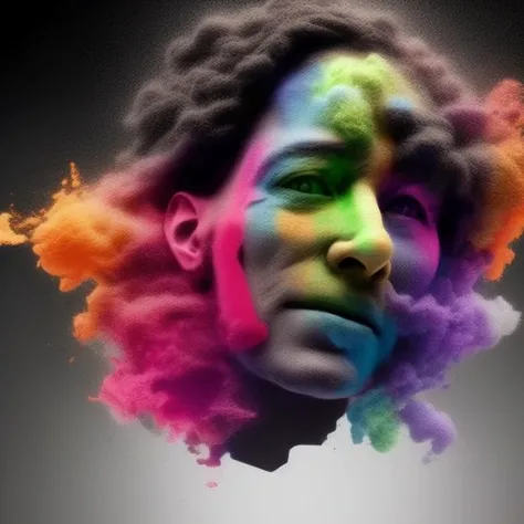 3D render, colorful face fading into fumes, dust, artistic rendering, Someone