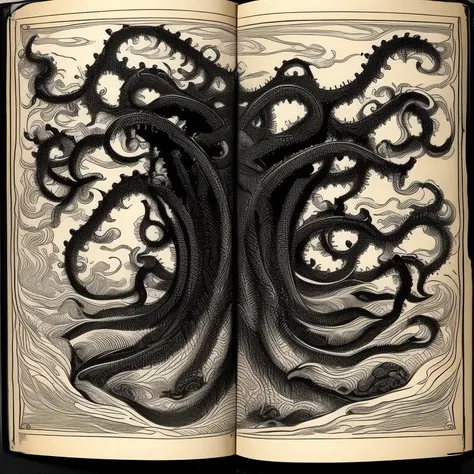 a drawing on a book, illustration in black ink of tentacles at sea, Underwater