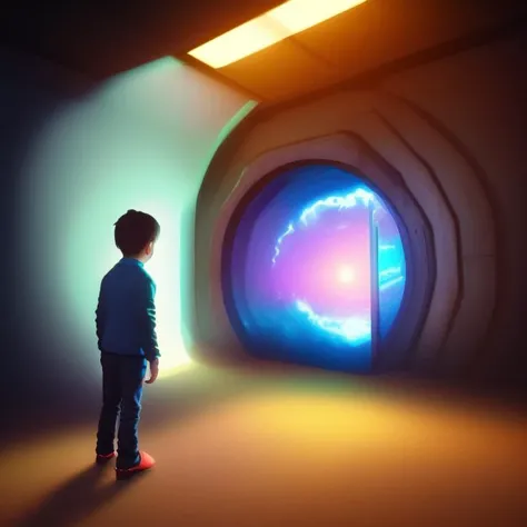 a child in a bizarre tunnel looking at a glowing door in a portal, Abstract Realities