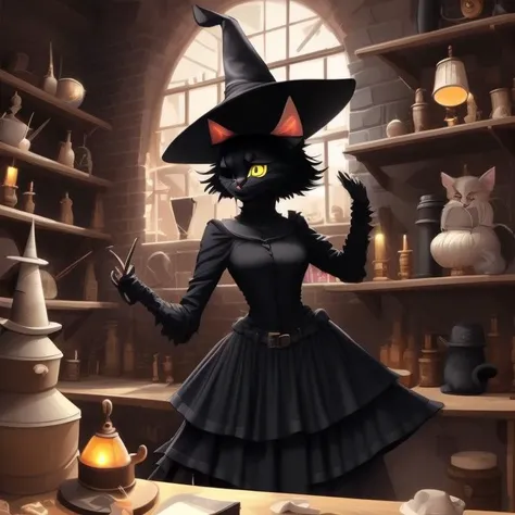 a witch cat with a witch hat, black cat, in an atelier, Catstravaganza