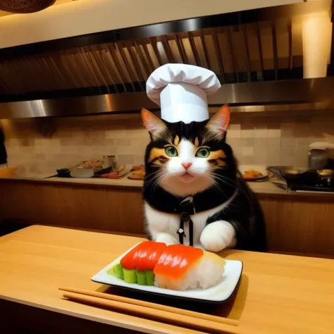 a cat sushi chef in a restaurant kitchen, photo, Catstravaganza