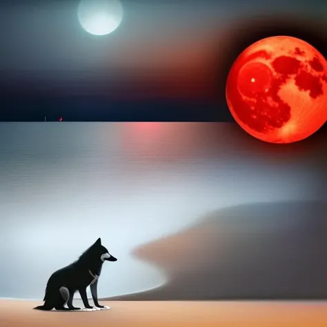 a painting of a wolf looking at a red half moon, on a beach, Abstract Realities