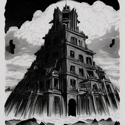 a black and white drawing of a building with red eyes, Cosmic Horrors