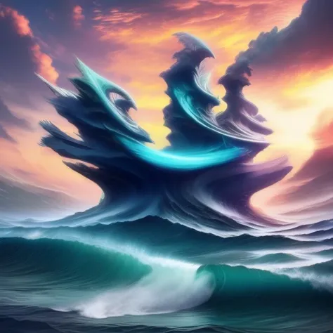 a drawing of a futuristic structure in the sea, waves, colorful sky, Somewhere