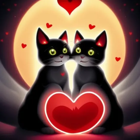 a glowing art picture of two cats and red hearts, light halo, Someone