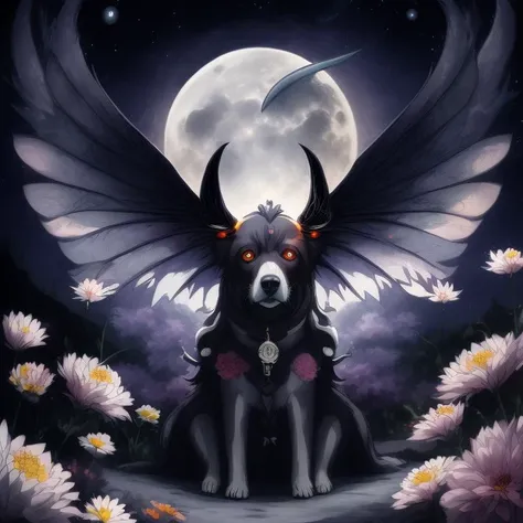 anime drawing of a creature with wings, dog face, flowers fur, moon in the night sky, Unmythical Creatures