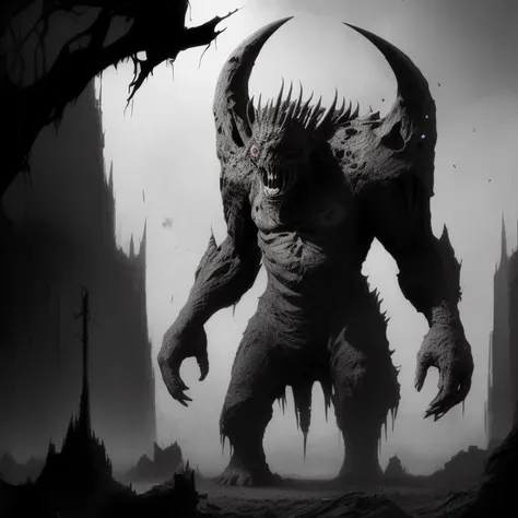 A round face monster, with horns, ruins of a city, Cosmic Horrors