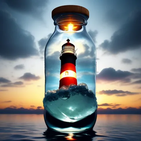 a picture of a lighthouse inside a glass bottle floating on water, Encapsulated