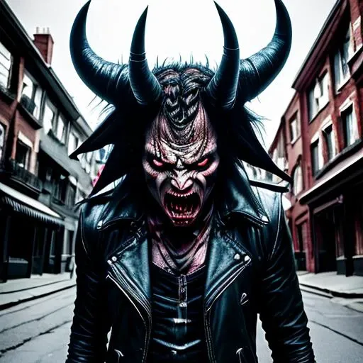 a realistic picture of a demon with black horns, horror, in a street