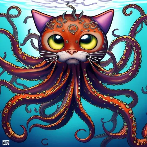 drawing of a cat octopus underwater, tentacles, cute cat face, Unmythical Creatures