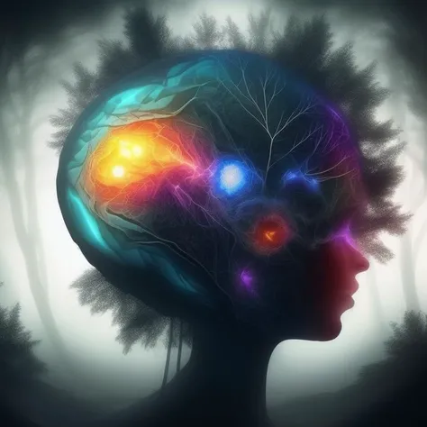 a digital drawing of a brain and a face in a forest, abstract art, Synesthesia