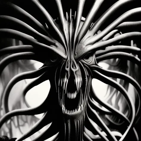 an horror movie still of a monster face, close up, alien tentacles, Cosmic Horrors
