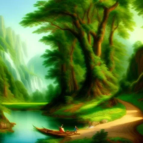 a painting of a lush green forest, waterfalls, rivers, Somewhere