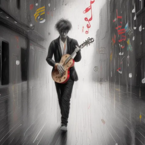 a pencil drawing of a musician in the street with music notes raining, Synesthesia