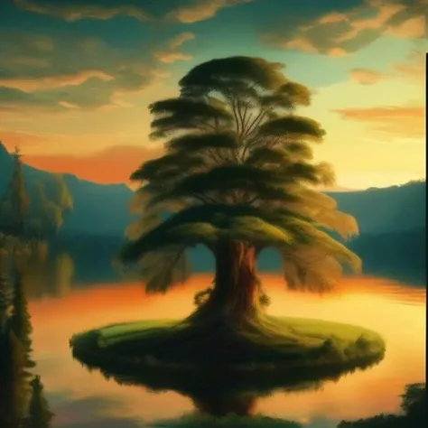 A painting of a tree above a lake at sunset hour, masterpiece, Somewhere