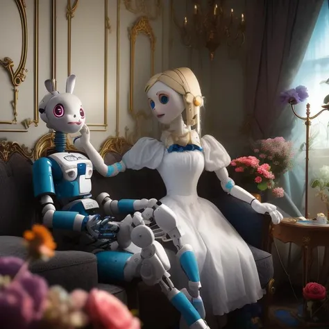 robotic marionette alice and rabbit on a couch, flowers, in a room, painting, Alice in Diffusion land