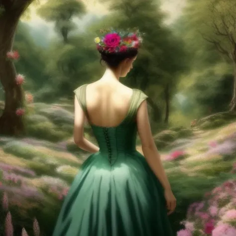 an intricate painting of a woman in a green dress looking over her shoulder, forest, trees, flowers, Someone