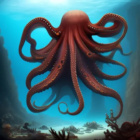 a drawing of a giant octopus underwater, palace ruins, Underwater