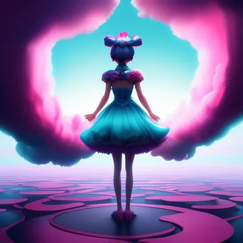 Pink and blue fumes, strange world, girl facing away, digital painting, Alice in Diffusion land