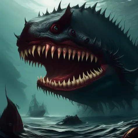 a drawing of a giant fish monster with monstrous teeth, horror, Underwater
