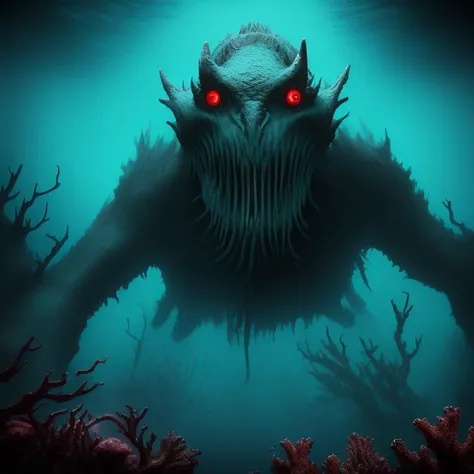 a scary drawing of a red eye monster under the sea, Underwater