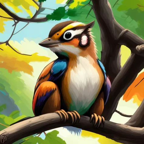 a digital painting of a cute creature, colorful wings, feathere, chipmunk head, on a tree branch, Unmythical Creatures